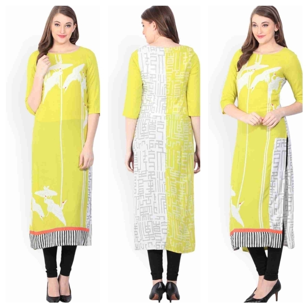 W Woman Primted Straight Kurta Sz 10 Yellow White Birdies Indian Pakistan Tunic - Picture 12 of 12